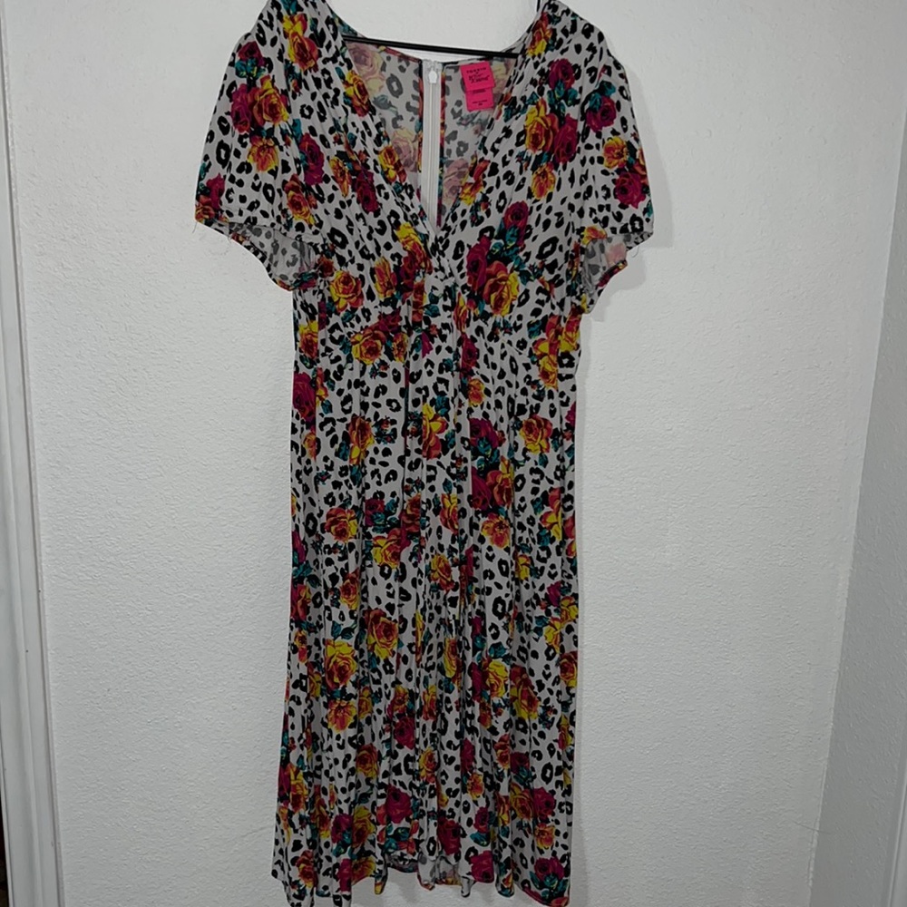 Betsey Johnson White Midi Dress with Floral & Leopard Print